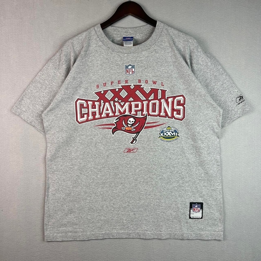 Tampa Bay Buccaneers Super Bowl XXXVII NFL Football Reebok Gray Tee Shirt L